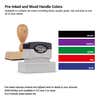 Pre-inked and wood-handle stamp ink color options infographic featuring black, purple, green, red, and blue ink choices.