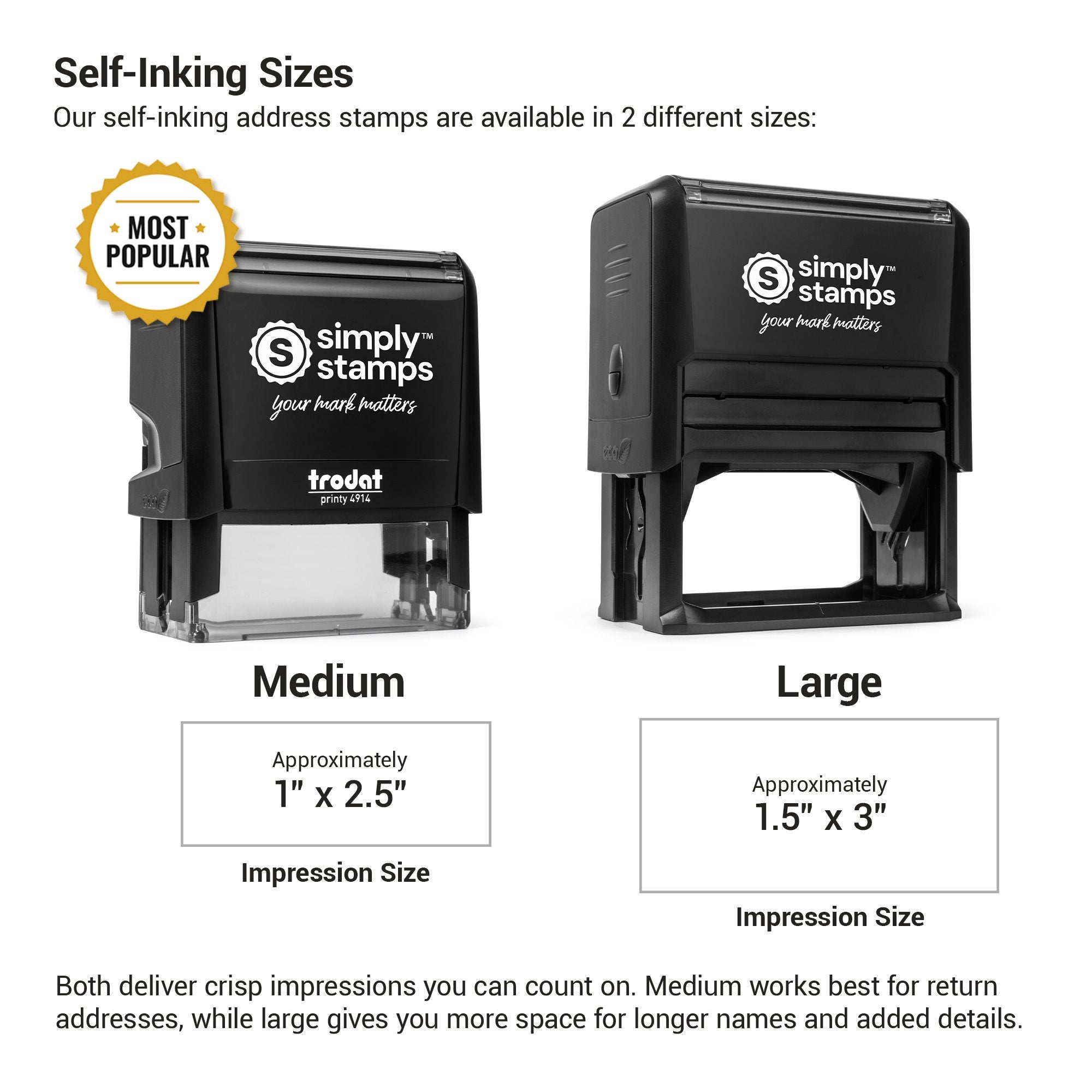 size chart for self inking stamp 