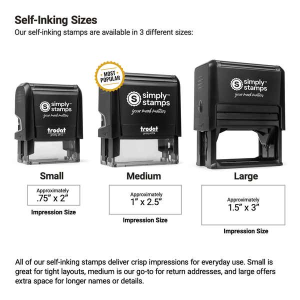 Self inking stamp size guide showing small .75" x 2", medium 1" x 2.5", and large 1.5" x 3"