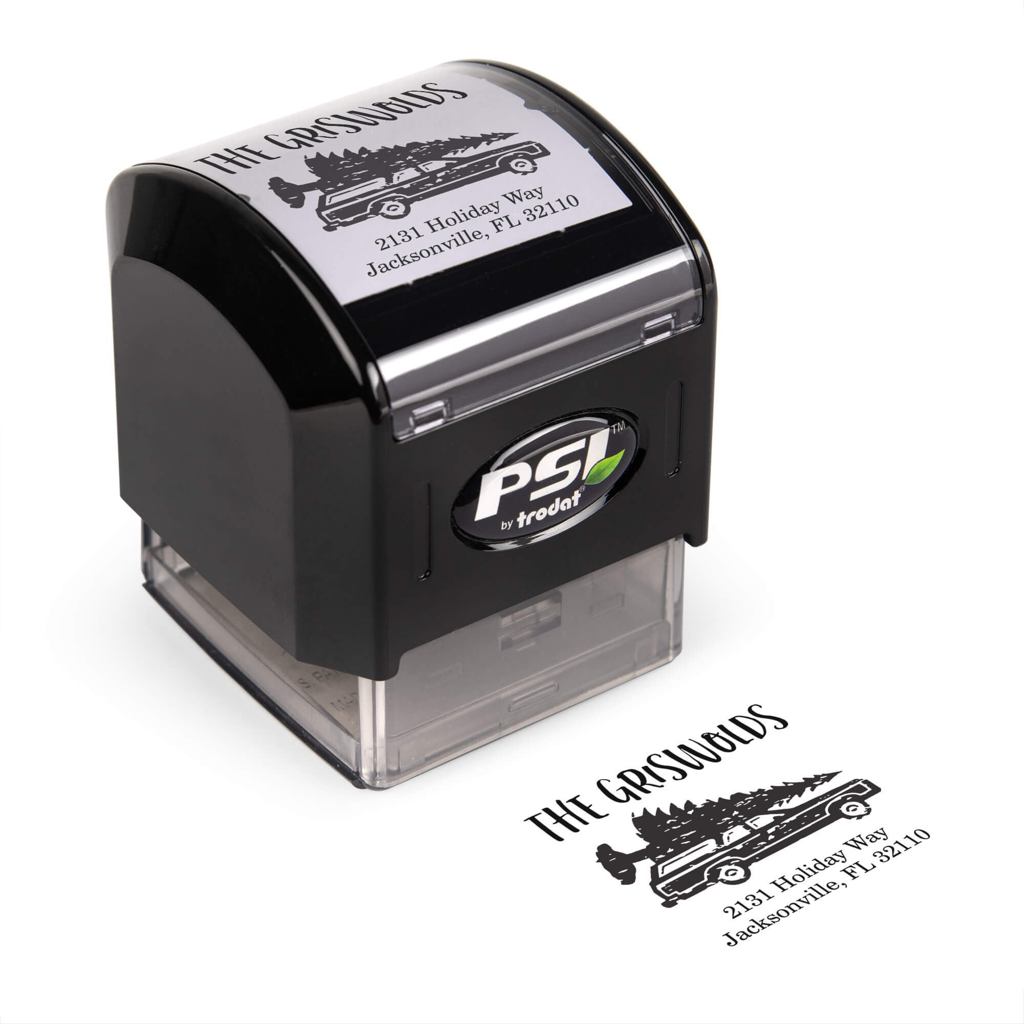 Pre-inked stamp shown from above featuring custom ‘Griswold Holiday’ holiday return address design.