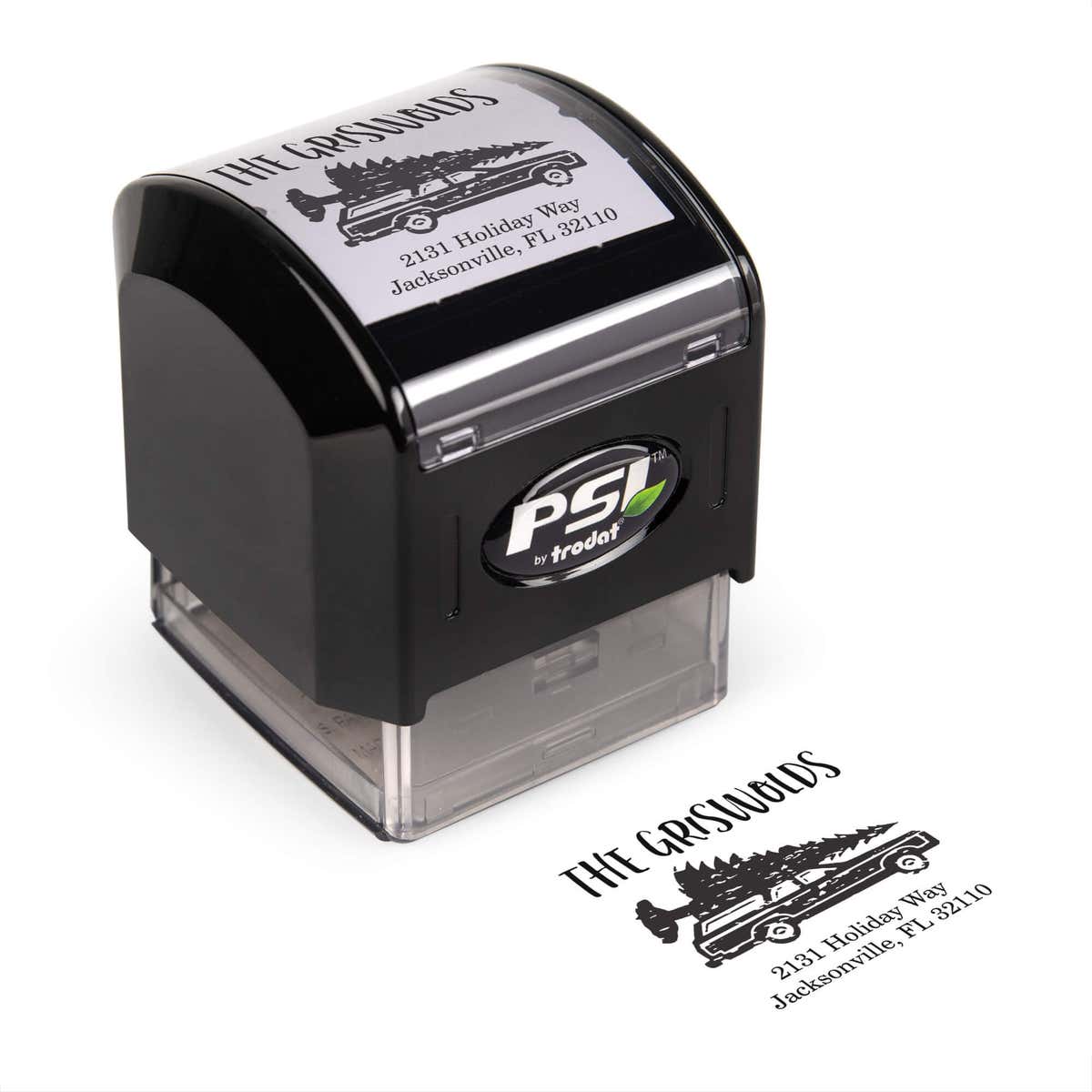 Pre-inked stamp shown from above featuring custom ‘Griswold Holiday’ holiday return address design.