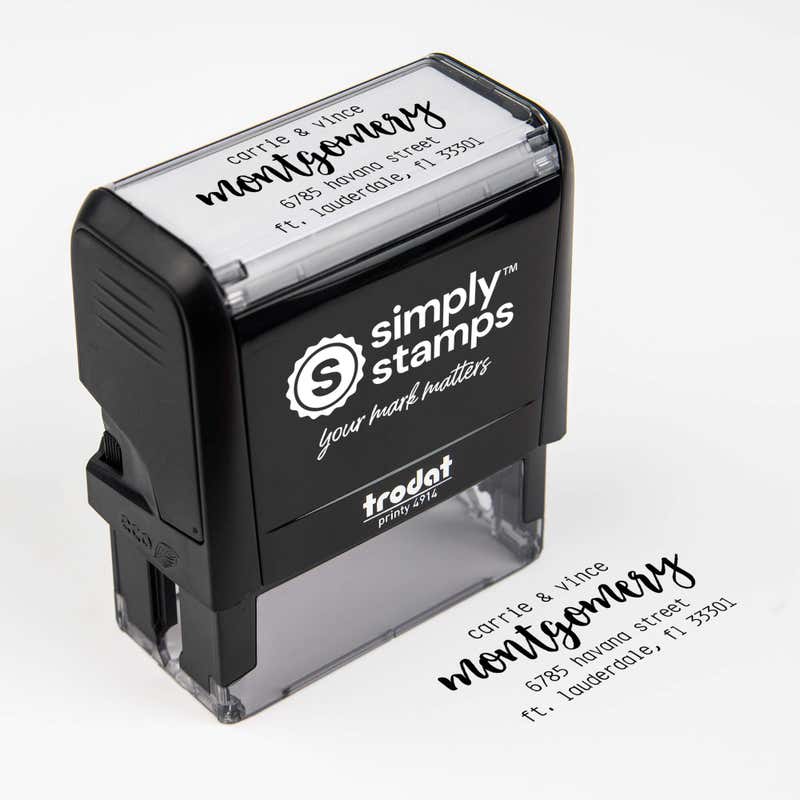 Top angle view of self-inking holiday stamp with circular ‘Montgomery Trendy’ address design.