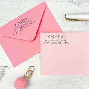 Examples of the Thin San Serif Address Stamp on pink envelopes