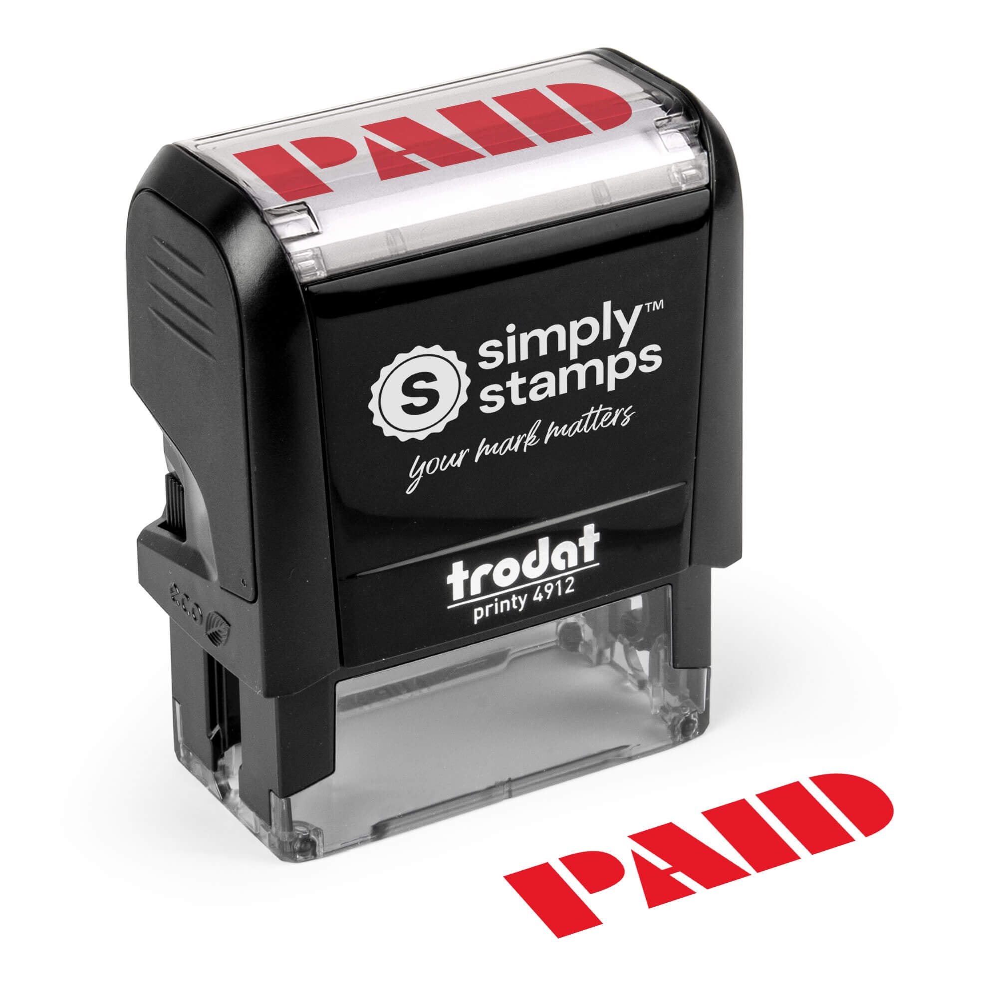 Self-inking “PAID” stamp angled product view with a clean red sample imprint