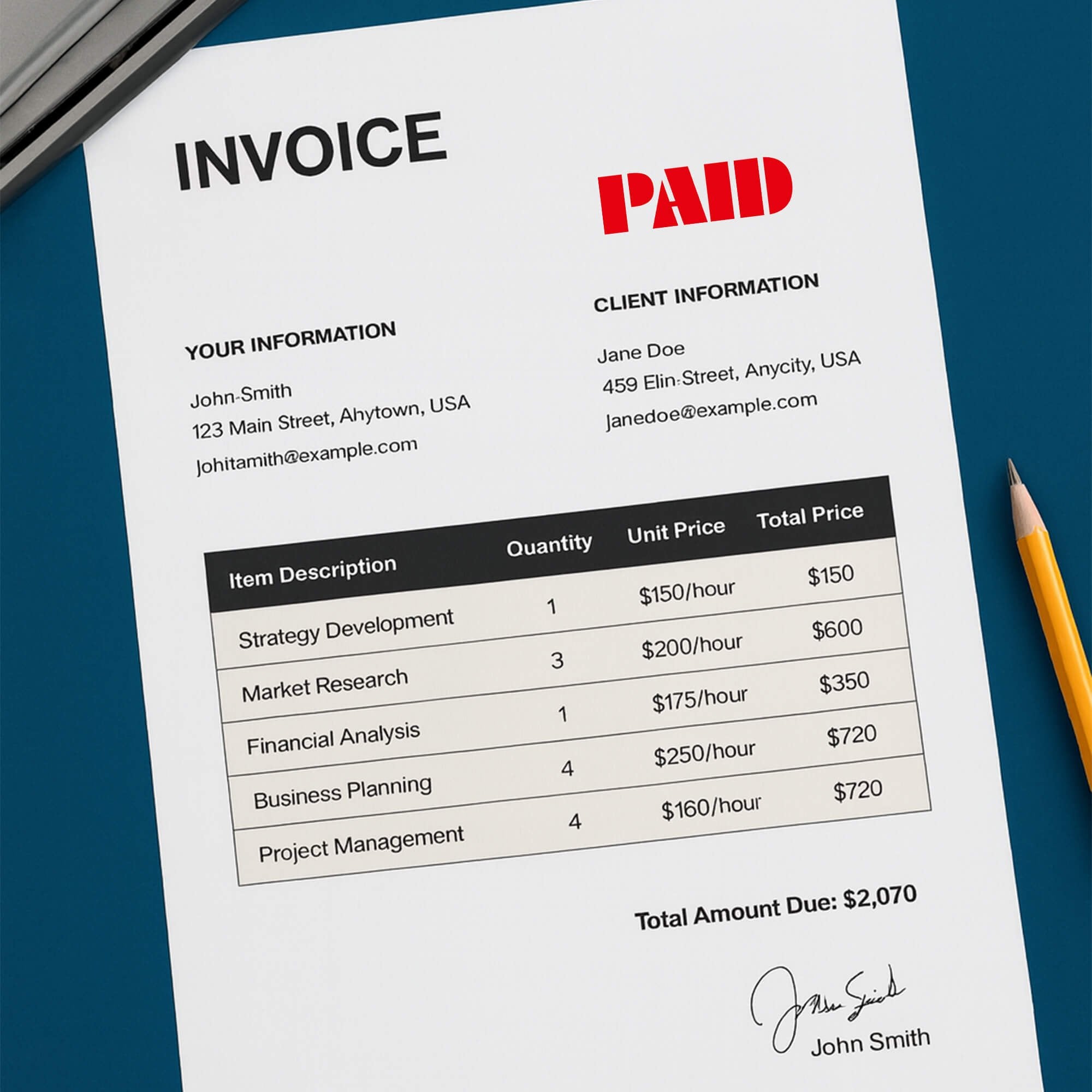 Invoice marked “PAID” in red—accounts receivable/billing use example
