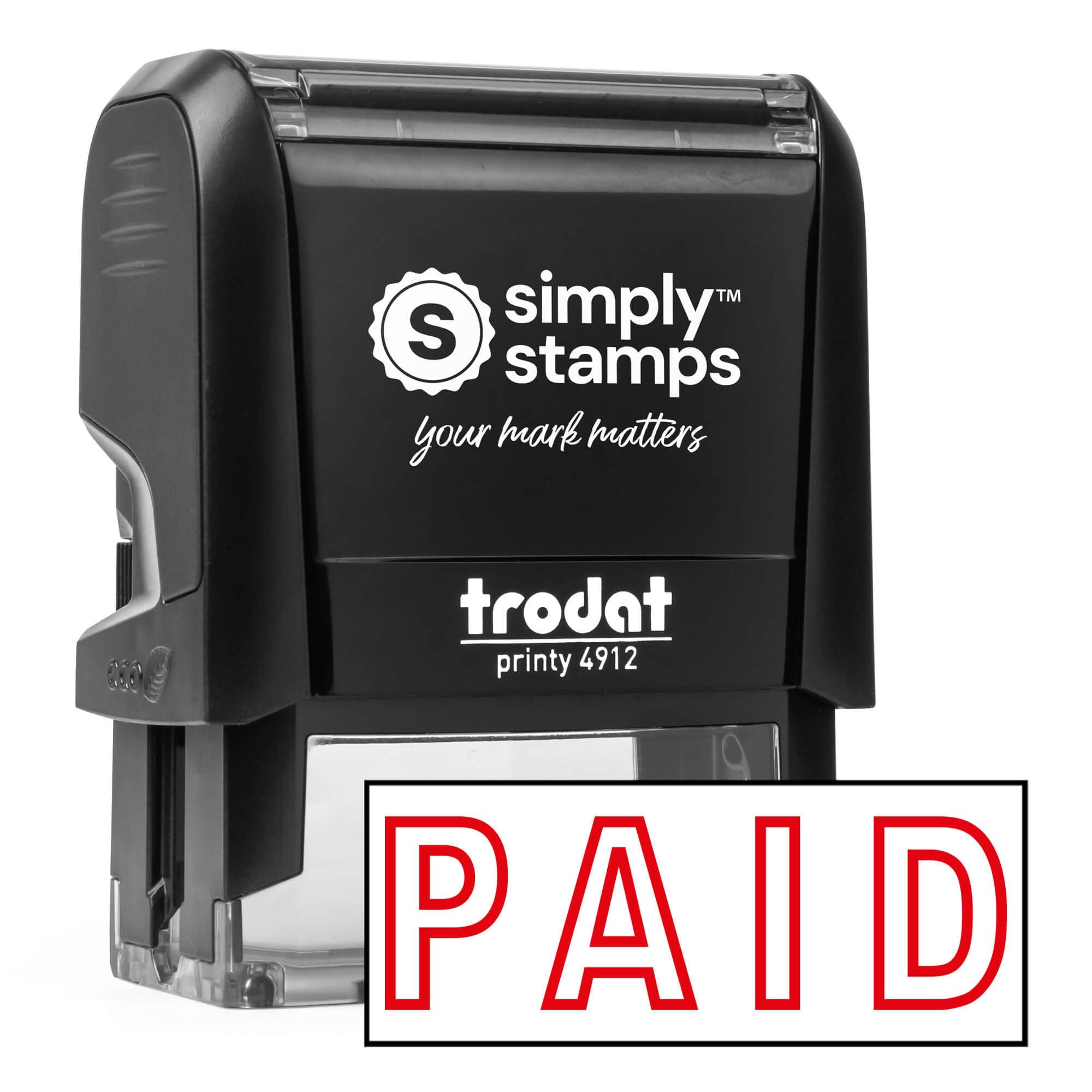 Simply Stamps Trodat Printy 4912 self inking stamp with red PAID imprint