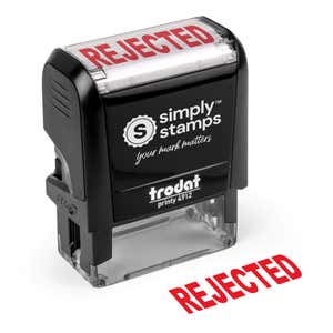 Self inking REJECTED stamp Simply Stamps Trodat Printy 4912 angled product view with red imprint
