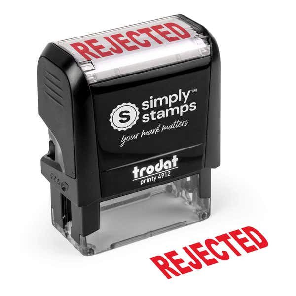Self inking REJECTED stamp Simply Stamps Trodat Printy 4912 angled product view with red imprint