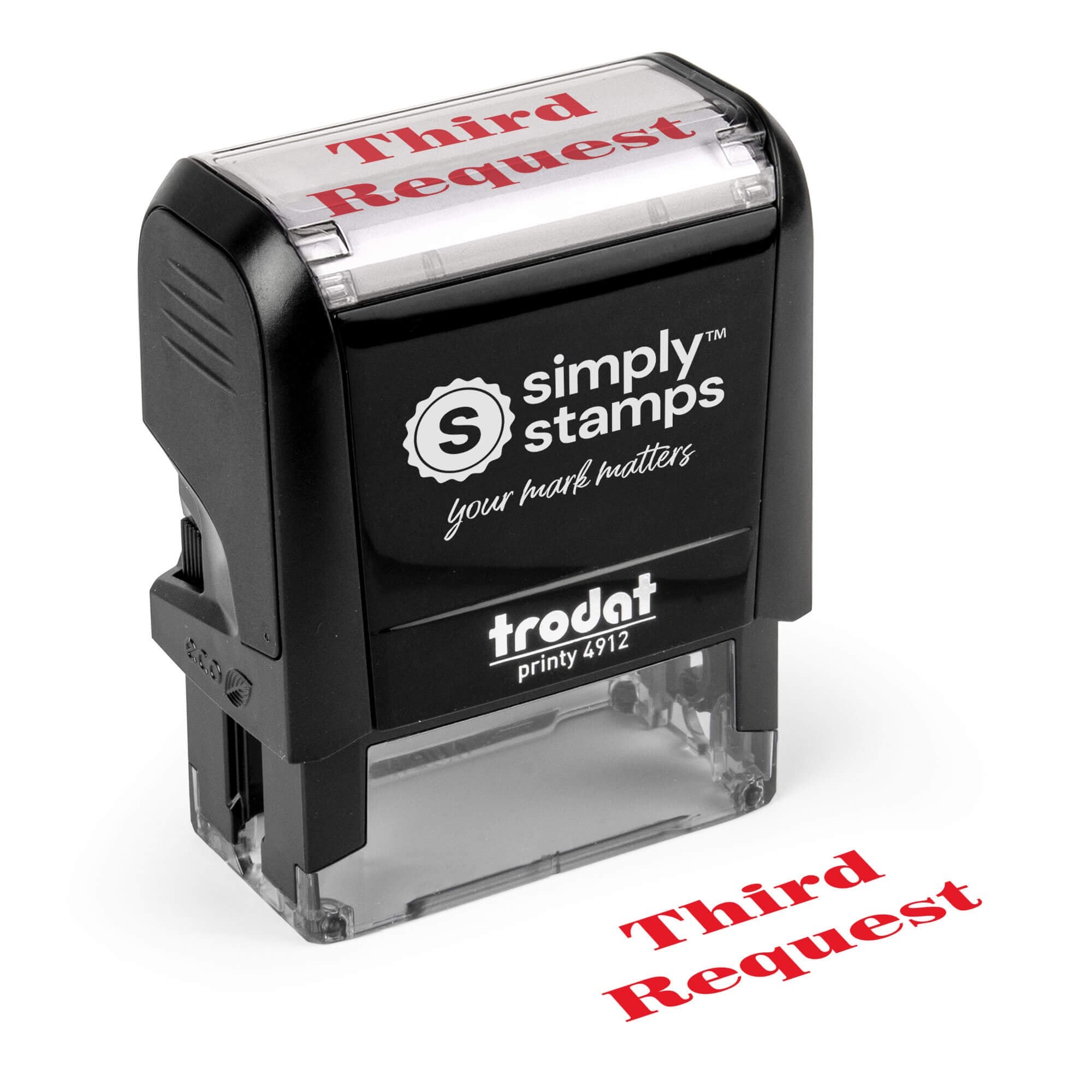 Self inking Third Request stamp angled product view with clean red imprint