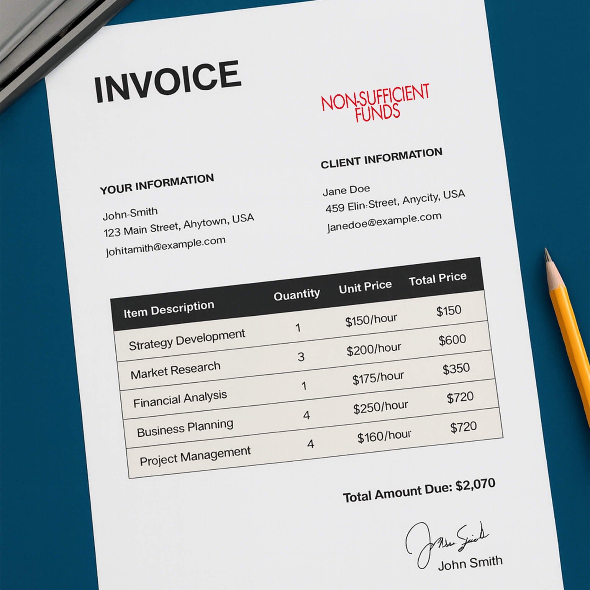 Invoice marked Non Sufficient Funds in red to indicate a returned payment
