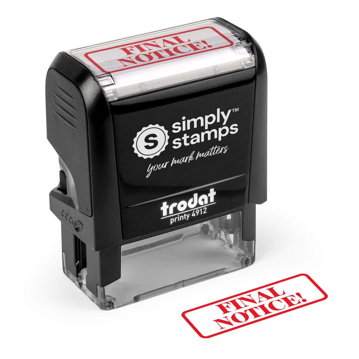 Angled product view of the self inking stamp with clean red FINAL NOTICE! imprint