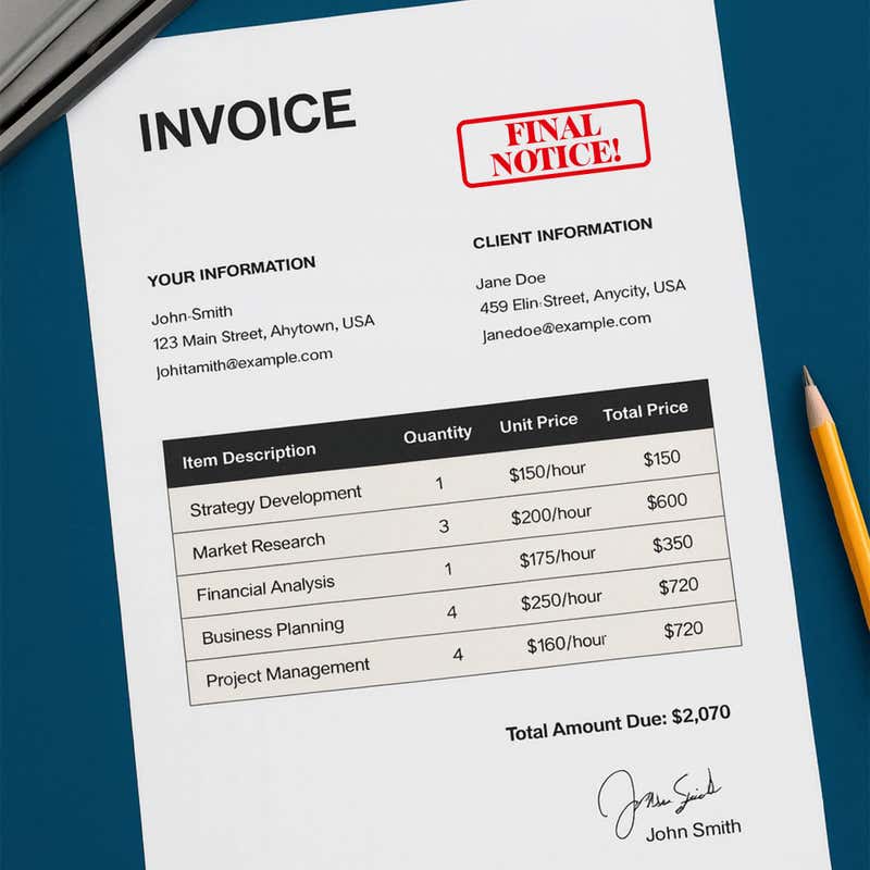Invoice marked with a red rounded label reading FINAL NOTICE!
