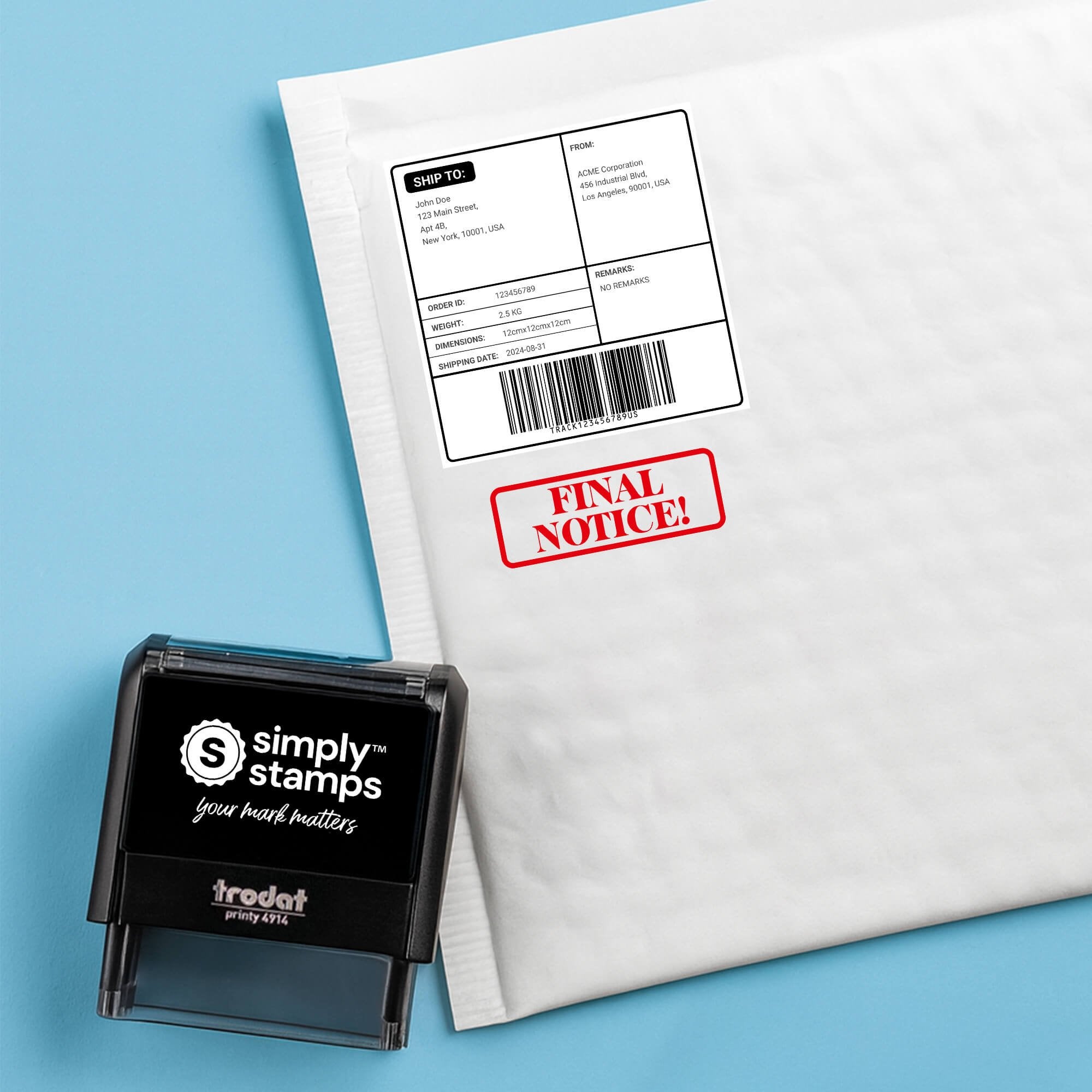 Padded mailer stamped FINAL NOTICE! in a red rounded label with the self inking stamp beside it