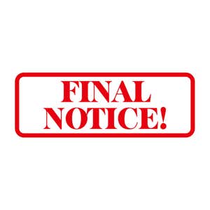 Red FINAL NOTICE! imprint with rounded rectangle border on a white background