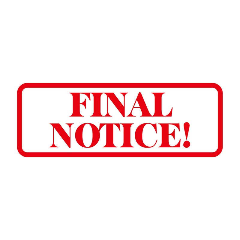 Red FINAL NOTICE! imprint with rounded rectangle border on a white background