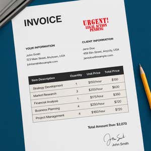 Invoice marked URGENT! Legal Action Pending in red to signal immediate attention