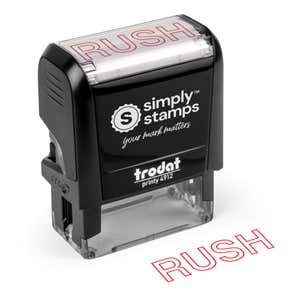 Self inking RUSH stamp angled product view with a clean red outline imprint