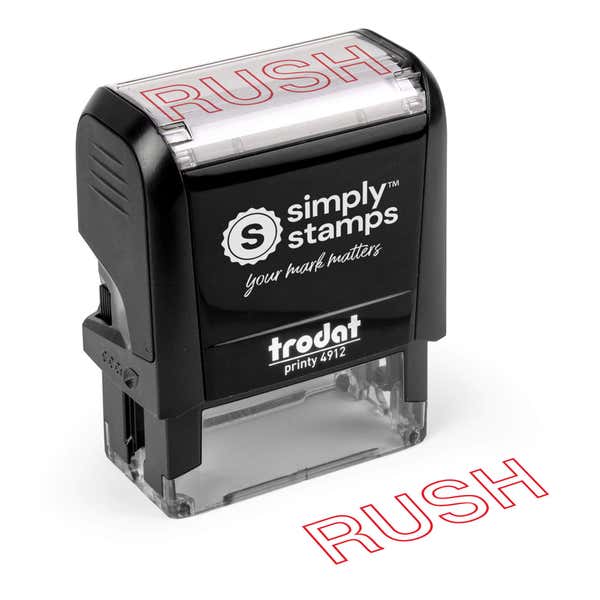 Self inking RUSH stamp angled product view with a clean red outline imprint