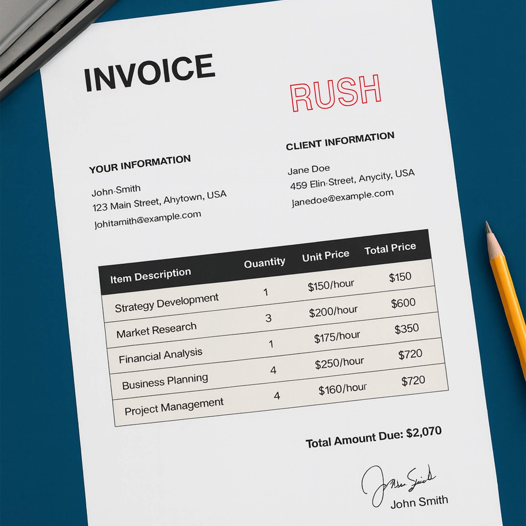 Invoice marked RUSH in red outline to indicate priority processing