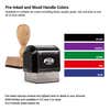 Infographic showing pre-inked and wood-handle stamp ink colors in black, purple, green, red, and blue.