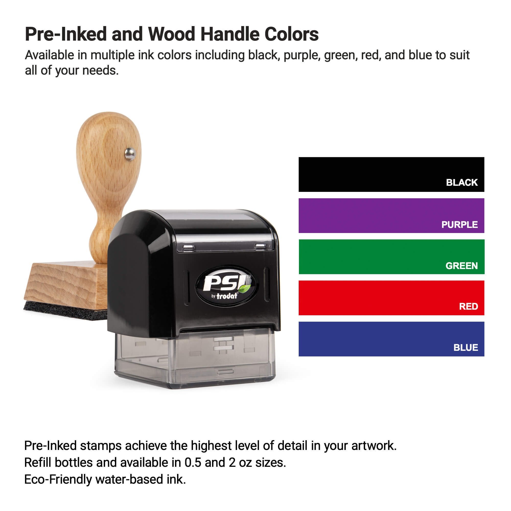 Infographic showing pre-inked and wood-handle stamp ink colors in black, purple, green, red, and blue.