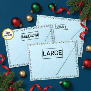 Holiday-themed envelopes displaying small, medium, and large self-inking stamp impression sizes surrounded by ornaments and ribbon.