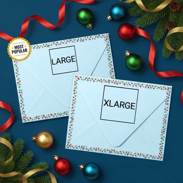 Comparison image showing large and extra-large self-inking stamp impression sizes on blue holiday envelopes with ornaments and ribbon.