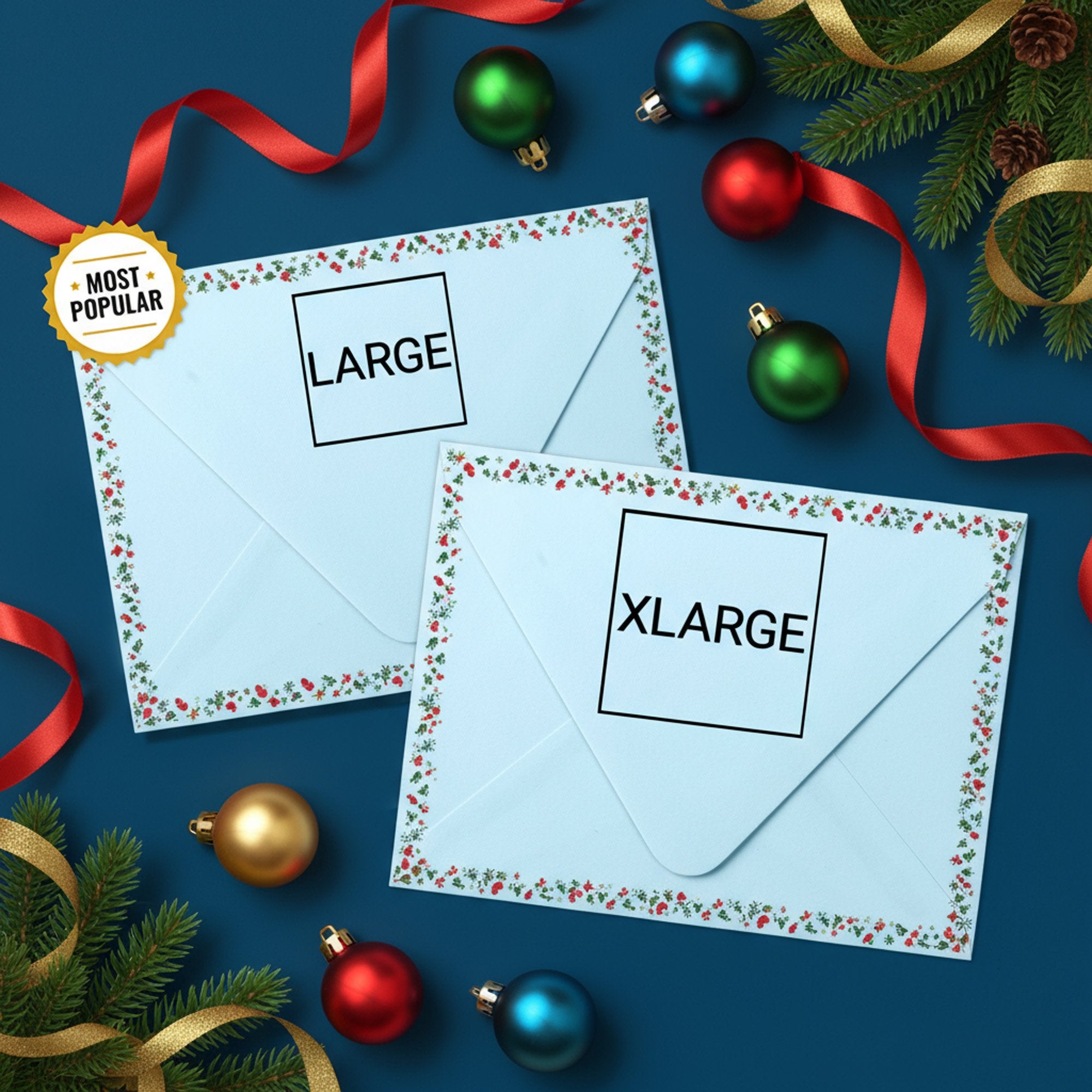 Comparison image showing large and extra-large self-inking stamp impression sizes on blue holiday envelopes with ornaments and ribbon.
