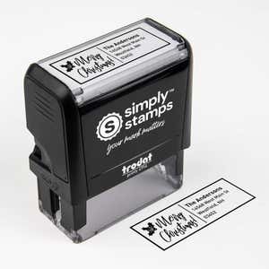 Top angle view of self-inking holiday stamp with ‘Merry Christmas With Poinsettia’ address design.