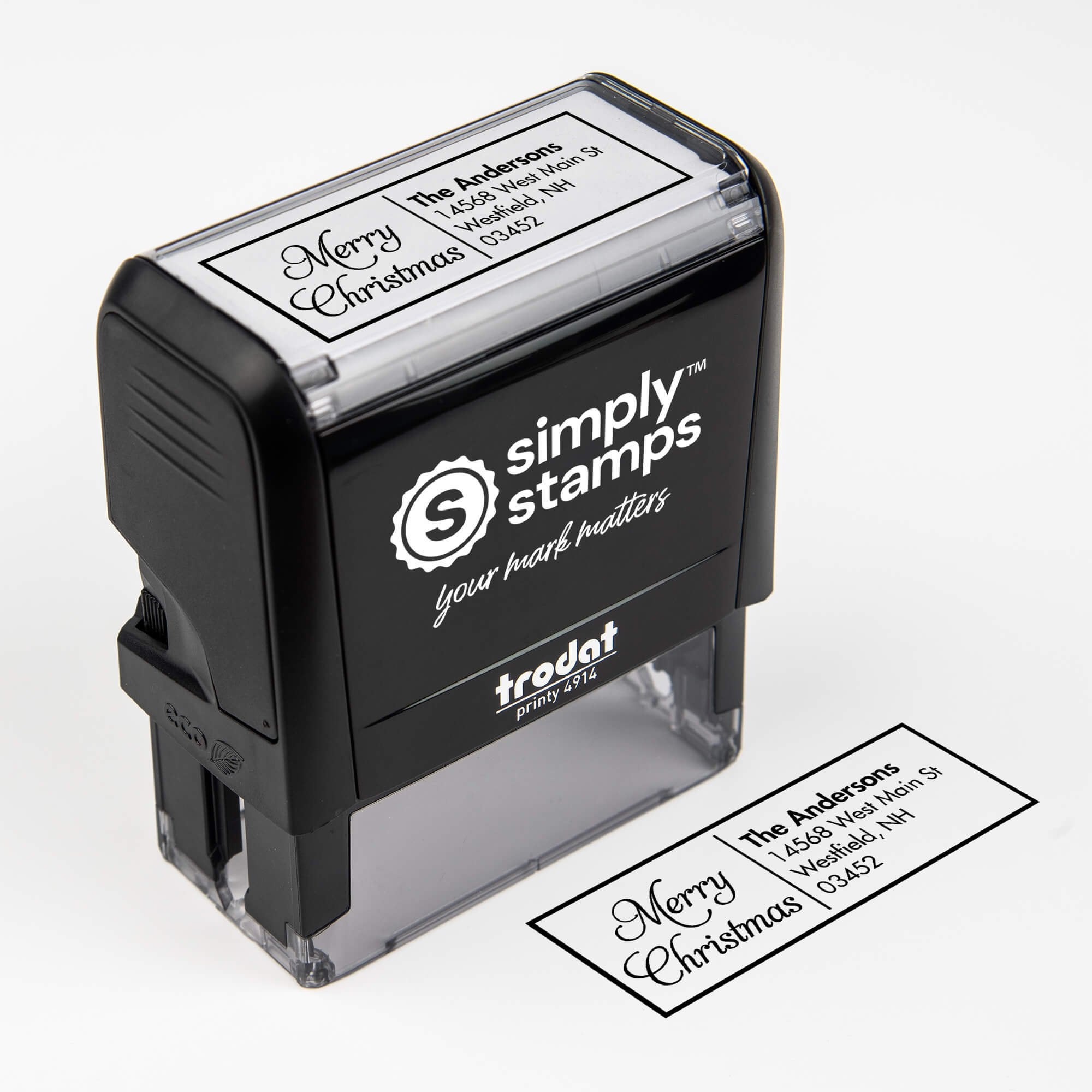 Top angle view of self-inking holiday stamp with ‘Merry Christmas Scripted’ address design.