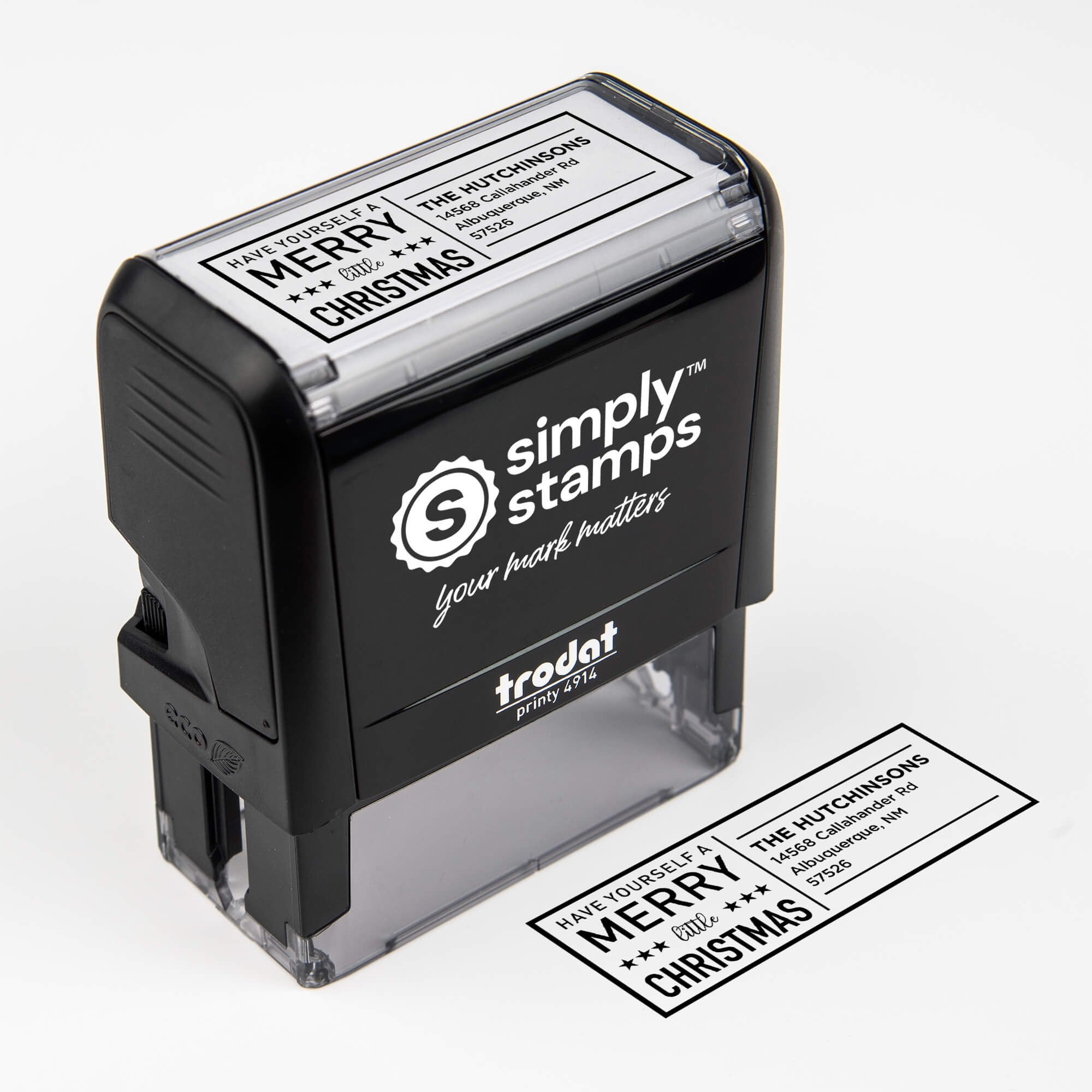 Top angle view of self-inking holiday stamp with ‘Have Yourself A Merry Little Christmas’ address design.