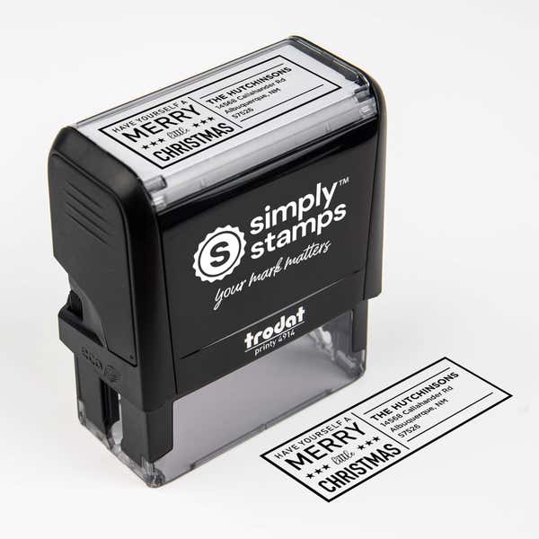 Top angle view of self-inking holiday stamp with ‘Have Yourself A Merry Little Christmas’ address design.
