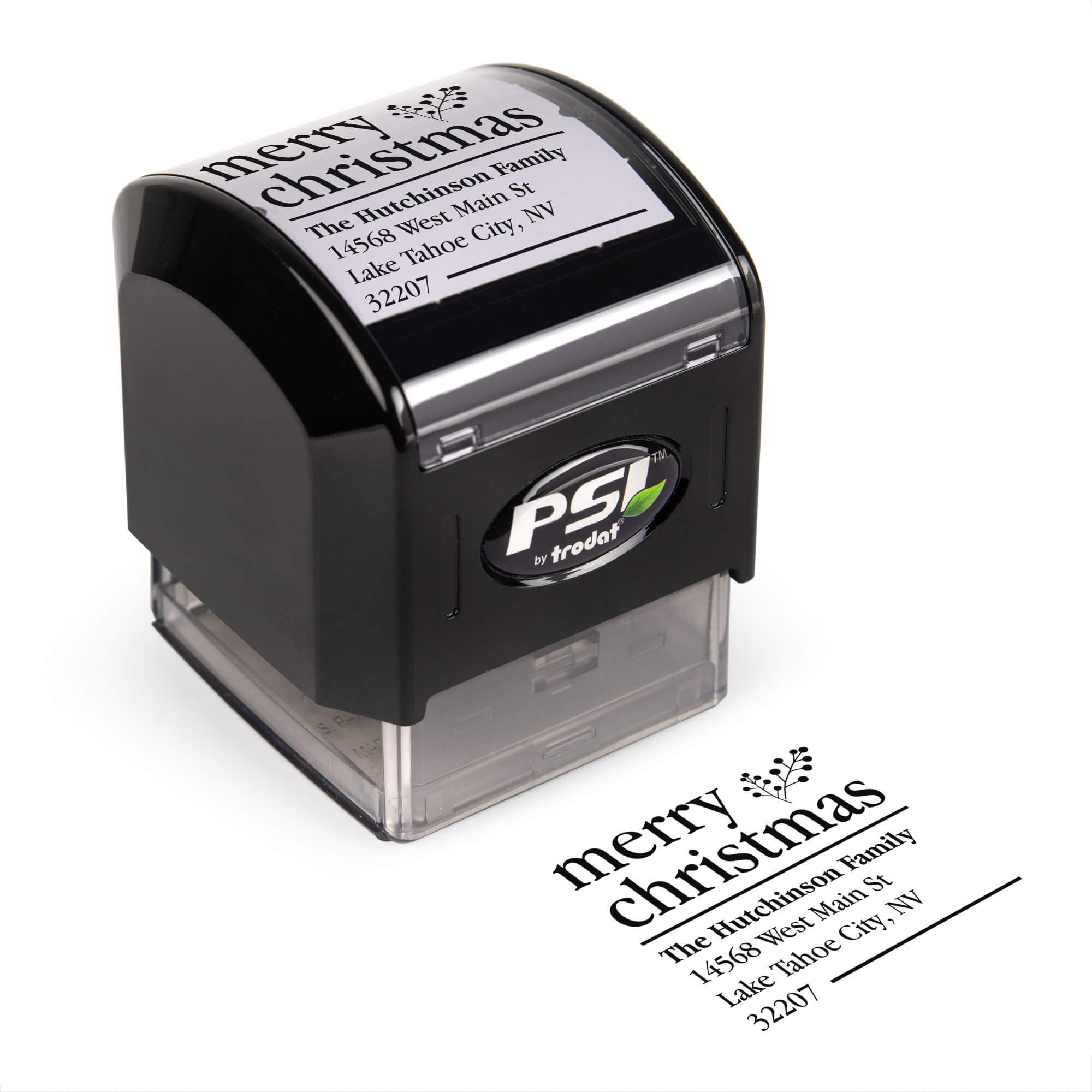 Pre-inked stamp shown from above featuring custom ‘Merry Christmas With Fern’  holiday return address design.