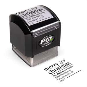 Pre-inked stamp shown from above featuring custom ‘Merry Christmas With Fern’  holiday return address design.