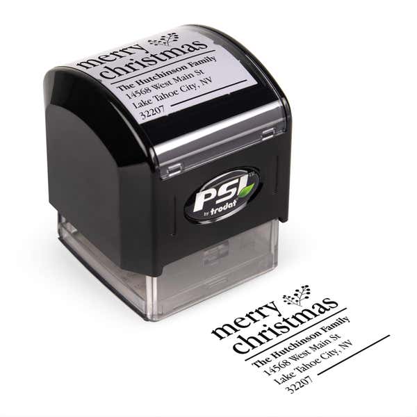 Pre-inked stamp shown from above featuring custom ‘Merry Christmas With Fern’  holiday return address design.