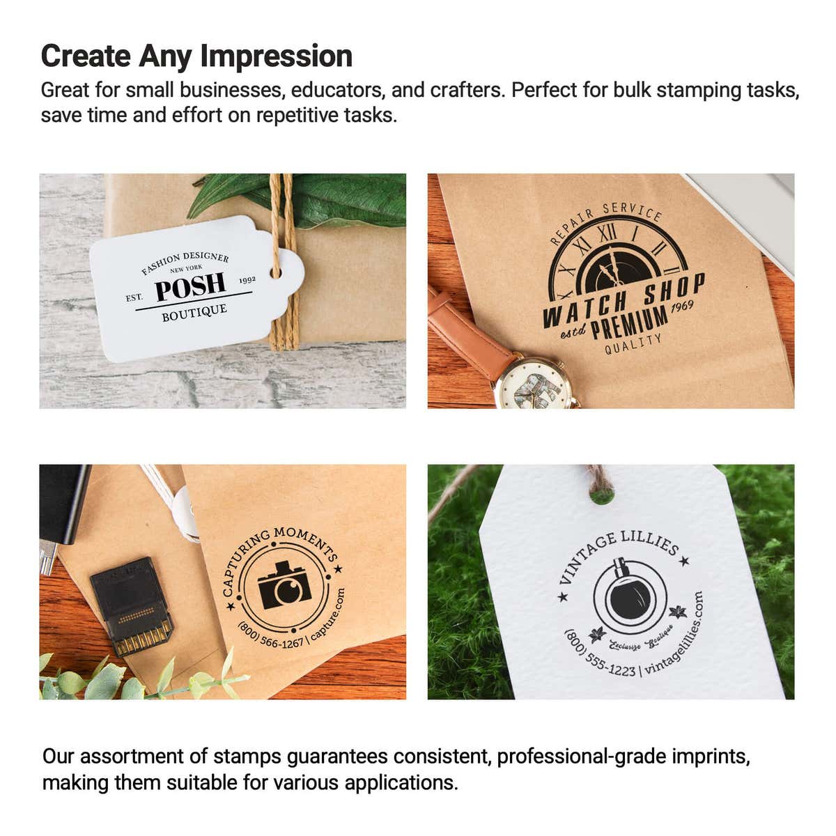 Small business logo stamp impressions on packaging and branded stationery