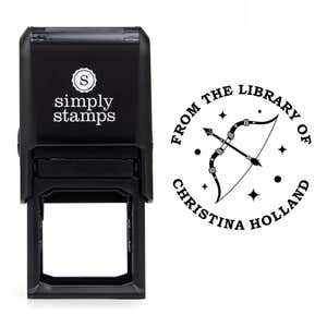 Front view of self-inking stamp body with library book stamp impression example