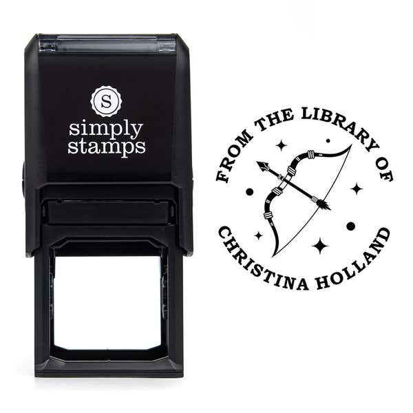 Front view of self-inking stamp body with library book stamp impression example