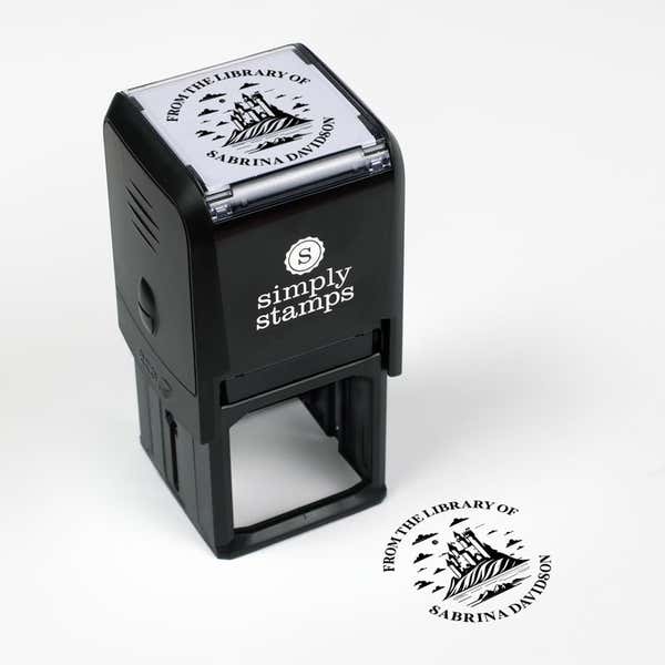 Library book stamp impression and self-inking stamp body with white background