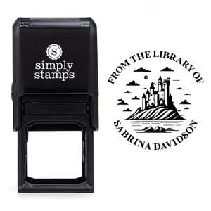 Front view of self-inking stamp body with library book stamp impression example