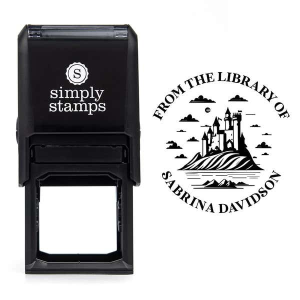 Front view of self-inking stamp body with library book stamp impression example