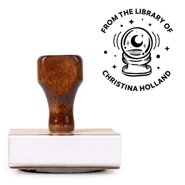 Front view of wood handle stamp body with library book stamp impression