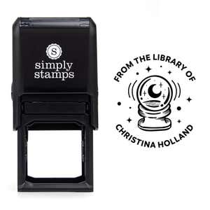 Front view of self-inking stamp body with library book stamp impression example