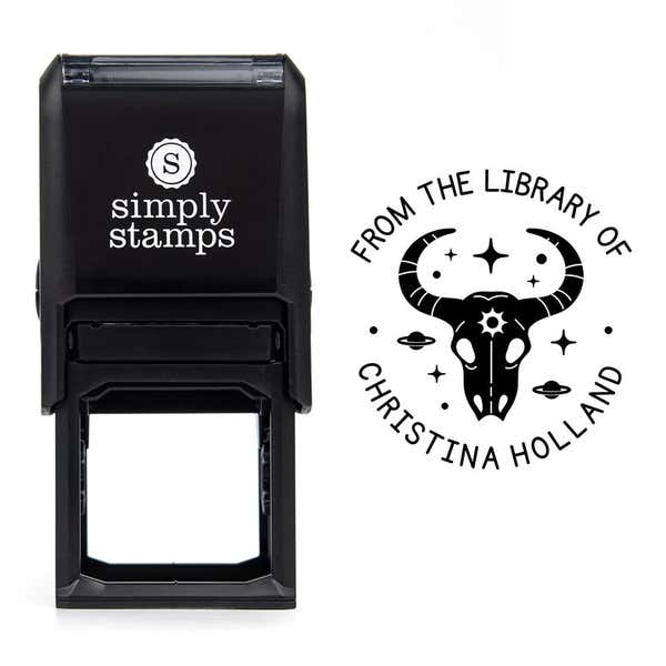 Front view of self-inking stamp body with library book stamp impression example