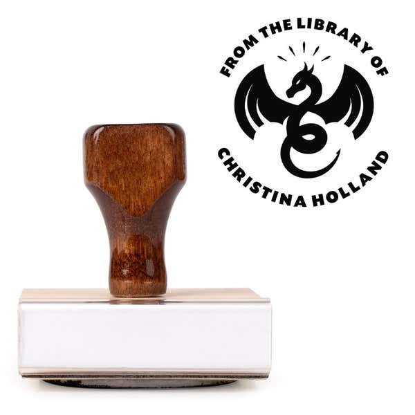 Front view of wood handle stamp body with library book stamp impression