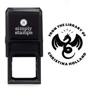 Front view of self-inking stamp body with library book stamp impression example