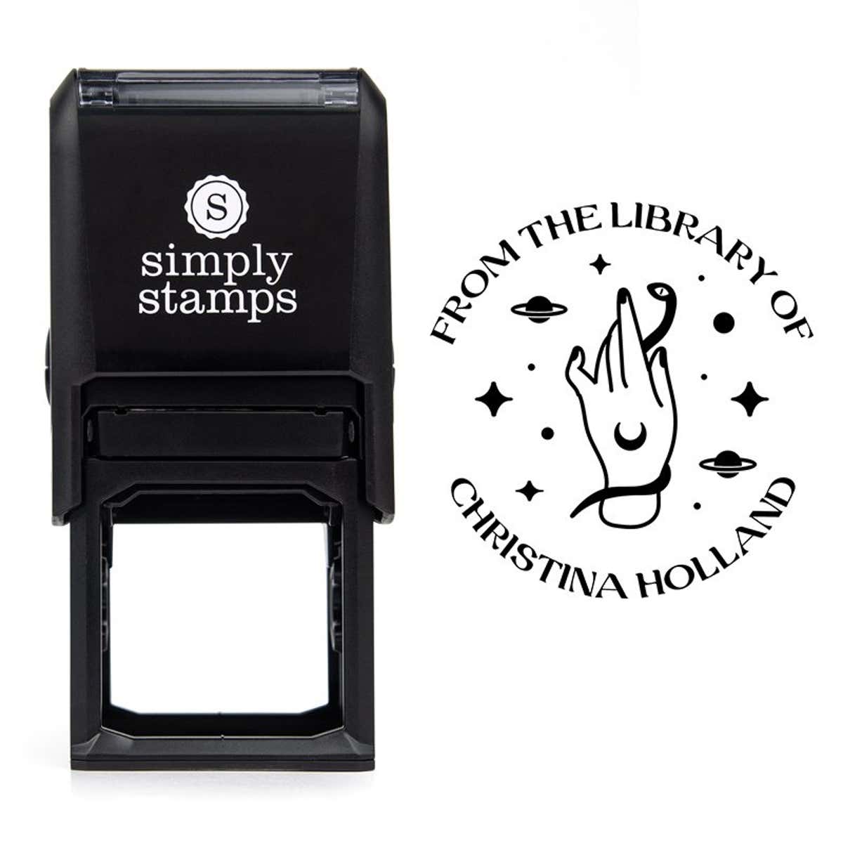 Front view of self-inking stamp body with library book stamp impression example