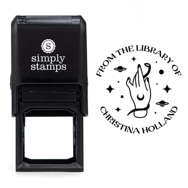 Front view of self-inking stamp body with library book stamp impression example