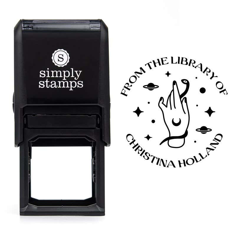 Front view of self-inking stamp body with library book stamp impression example