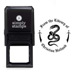 Front view of self-inking stamp body with library book stamp impression example